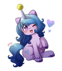 Size: 849x966 | Tagged: safe, artist:yilo, derpibooru import, izzy moonbow, my little pony: a new generation, spoiler:my little pony: a new generation, ball, bracelet, cute, eye clipping through hair, floating heart, friendship bracelet, g5, heart, hornball, image, izzybetes, izzy's tennis ball, jewelry, looking at you, one eye closed, png, simple background, tennis ball, transparent background, wink, winking at you
