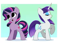 Size: 3142x2338 | Tagged: safe, artist:syrupyyy, derpibooru import, rarity, twilight sparkle, pony, unicorn, alternate hairstyle, cute, duo, eyeshadow, female, image, makeup, mane swap, mare, open mouth, png, raised hoof, raribetes, redraw, twiabetes, unicorn twilight