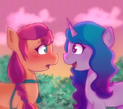 Size: 2150x1920 | Tagged: safe, derpibooru import, izzy moonbow, sunny starscout, earth pony, pony, unicorn, spoiler:g5, blushing, female, g5, horn, image, izzyscout, lesbian, looking at each other, mare, open mouth, open smile, png, shipping, smiling