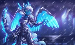 Size: 4000x2400 | Tagged: safe, artist:shad0w-galaxy, derpibooru import, anthro, pegasus, pony, bow, city, commission, cyberpunk, female, high res, image, league of legends, mare, png, snow, solo