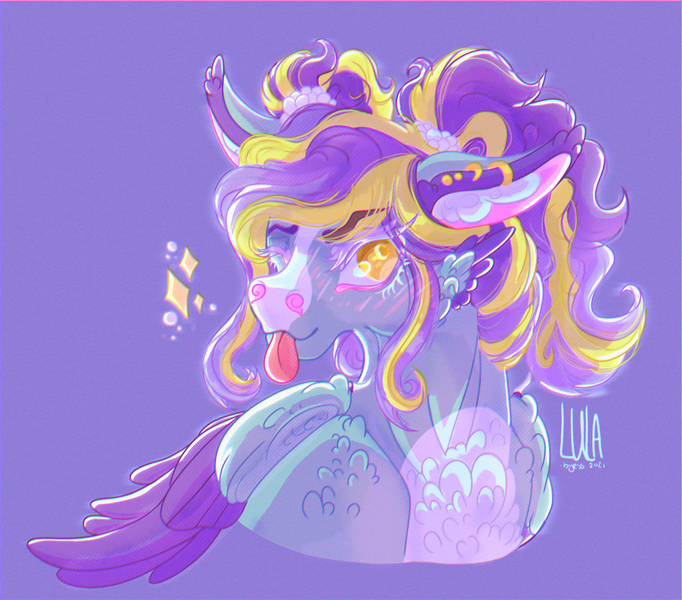 Size: 2064x1815 | Tagged: safe, artist:pegasus004, derpibooru import, oc, oc:harvest, pegasus, pony, 3/4 view, ear piercing, earring, fluffy, image, jewelry, ombre hair, one eye closed, piercing, pigtails, png, small wings, solo, tongue out, twintails, wings, wink