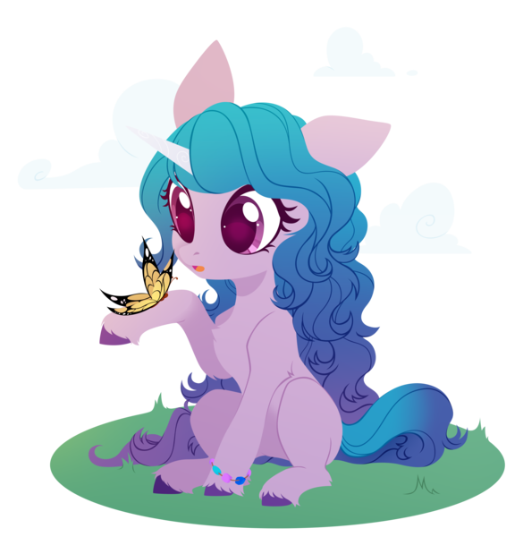 Size: 2925x3000 | Tagged: safe, artist:belka-sempai, derpibooru import, izzy moonbow, butterfly, insect, pony, unicorn, chest fluff, cloud, colored pupils, cute, female, g5, high res, image, izzybetes, leg fluff, lineless, looking at something, mare, png, sitting, solo