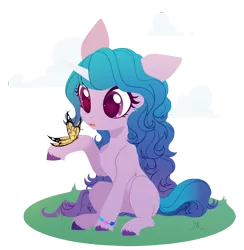 Size: 2925x3000 | Tagged: safe, artist:belka-sempai, derpibooru import, izzy moonbow, butterfly, insect, pony, unicorn, chest fluff, cloud, colored pupils, cute, female, g5, high res, image, izzybetes, leg fluff, lineless, looking at something, mare, png, sitting, solo