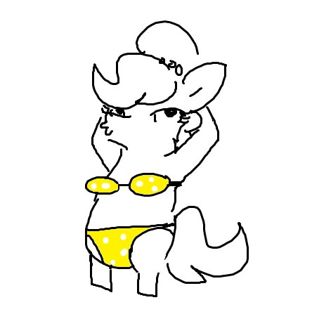 Size: 444x464 | Tagged: safe, artist:tjpones, derpibooru import, oc, oc:brownie bun, earth pony, pony, arm behind head, bikini, bipedal, clothes, female, image, jpeg, mare, simple background, sketch, solo, swimsuit, white background, yellow swimsuit
