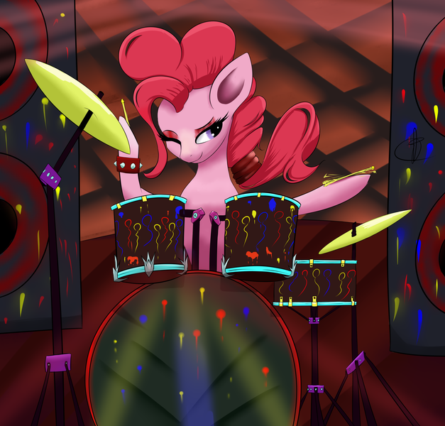 Size: 2590x2480 | Tagged: safe, artist:guatergau5, derpibooru import, pinkie pie, earth pony, pony, bracelet, image, jewelry, light, music, musical instrument, one eye closed, png, rockstar, tambourine