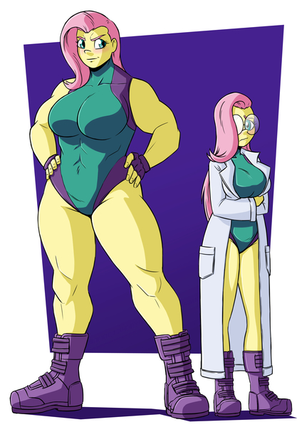 Size: 2481x3508 | Tagged: safe, artist:new-ereon, derpibooru import, fluttershy, equestria girls, blushing, boots, breasts, busty fluttershy, clothes, commission, crossed arms, crossover, duality, female, fingerless gloves, flutterhulk, glasses, gloves, hand on hip, hands on hip, image, jpeg, lab coat, leotard, muscles, muscleshy, muscular female, self paradox, she-hulk, shoes, simple background, solo