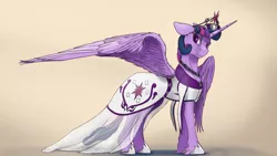 Size: 3840x2160 | Tagged: safe, alternate version, artist:tenebrisnoctus, derpibooru import, twilight sparkle, twilight sparkle (alicorn), alicorn, pony, clothes, crown, dress, female, hoof shoes, image, jewelry, mare, necklace, png, regalia, simple background, smiling, solo, spread wings, unshorn fetlocks, wings