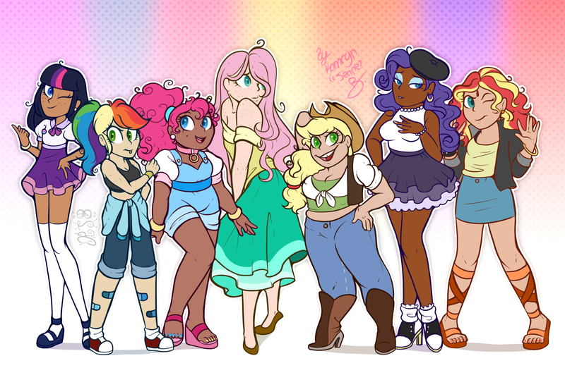 Size: 1659x1104 | Tagged: safe, artist:xxdemonpeachxx, derpibooru import, applejack, fluttershy, pinkie pie, rainbow dash, rarity, sci-twi, sunset shimmer, twilight sparkle, equestria girls, applejack's hat, bare shoulders, beret, blackwashing, boots, clothes, converse, cowboy boots, cowboy hat, diverse body types, dress, female, freckles, hand on hip, hat, high heels, human coloration, humane five, humane seven, humane six, image, jeans, lidded eyes, mary janes, moderate dark skin, one eye closed, overalls, pants, png, sandals, shoes, shorts, shoulder freckles, skirt, socks, stockings, thigh highs, wink