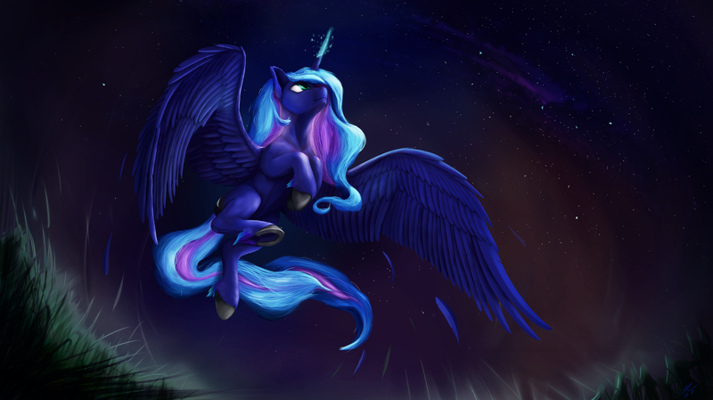 Size: 6000x3371 | Tagged: safe, artist:tenebrisnoctus, derpibooru import, princess luna, alicorn, pony, feather, female, flying, glowing horn, grass, horn, image, mare, night, png, solo