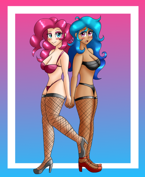 Size: 1800x2200 | Tagged: suggestive, alternate version, artist:zachc, derpibooru import, izzy moonbow, pinkie pie, human, bra, breasts, choker, cleavage, clothes, duo, duo female, female, fishnet clothing, g4, g5, gradient background, high heels, humanized, image, looking at you, panties, png, shoes, underwear