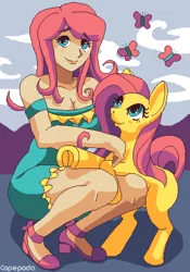 Size: 3590x5130 | Tagged: safe, artist:praedacopepoda, derpibooru import, kotobukiya, fluttershy, butterfly, human, insect, pegasus, pony, breasts, cleavage, clothes, dress, frog (hoof), high heels, human ponidox, humanized, image, kotobukiya fluttershy, looking at you, missing cutie mark, off shoulder, png, self ponidox, shoes, smiling, smiling at you, underhoof