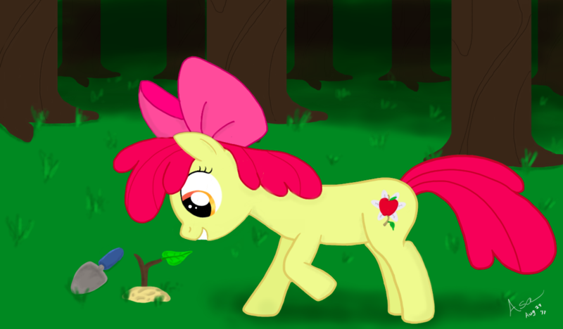 Size: 1180x690 | Tagged: safe, artist:sgtgarand, derpibooru import, apple bloom, earth pony, pony, female, filly, grass, image, plant, png, solo, tree