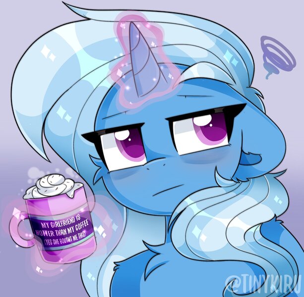 Size: 2048x2003 | Tagged: safe, artist:tinykiru, derpibooru import, trixie, pony, unicorn, cheek fluff, chest fluff, cup, female, floppy ears, glowing horn, horn, image, implied lesbian, implied shipping, implied startrix, jpeg, lidded eyes, magic, mare, solo