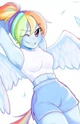 Size: 1316x2048 | Tagged: safe, artist:beetocy, artist:flanmope, artist:プリンサン, derpibooru import, pegasus, pony, abs, ambiguous race, anime, anime style, arm behind head, armpits, blue bottomwear, blue fur, clothes, confident, dolphin shorts, feather, female, front view, humanized, image, jpeg, logo on bottomwear, looking at you, multicolored mane, multicolored tail, muscles, muscular female, one eye closed, pink eyes, pony coloring, ponytail, rainbow tail, shorts, side slit, simple background, smiling, smiling at you, solo, solo female, sweat, tail, tail through bottomwear, tailed humanization, tanktop, tomboy, white background, white topwear, winged humanization, wings, wink, worm's eye view