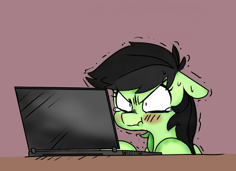 Size: 1111x810 | Tagged: safe, artist:xieril, derpibooru import, edit, oc, oc:anonfilly, pony, angry, blushing, computer, effort, female, filly, image, laptop computer, png, scrunchy face, shaking, sweat