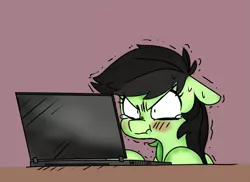Size: 1111x810 | Tagged: safe, artist:xieril, derpibooru import, edit, oc, oc:anonfilly, pony, angry, blushing, computer, effort, female, filly, image, laptop computer, png, scrunchy face, shaking, sweat