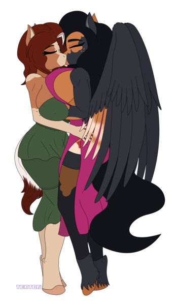 Size: 2200x3800 | Tagged: suggestive, artist:tertonda, derpibooru import, oc, oc:breaking dawn, oc:honeycrisp meadow, unofficial characters only, anthro, earth pony, pegasus, unguligrade anthro, anthro oc, big breasts, breasts, clothes, commission, couple, digital art, dress, earth pony oc, eyes closed, female, gilf, image, kissing, lesbian, milf, oc x oc, pegasus oc, png, shipping, simple background, transparent background, wings