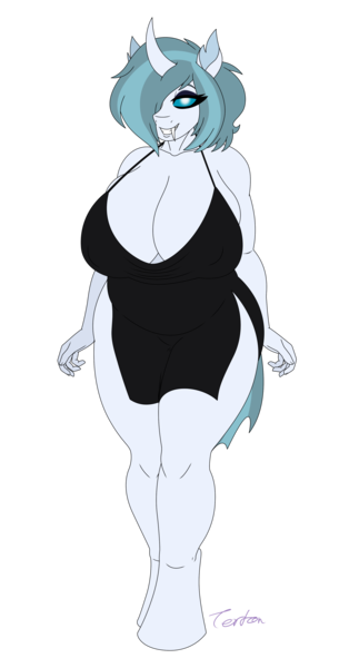 Size: 2200x4200 | Tagged: suggestive, artist:tertonda, derpibooru import, oc, oc:freyja, unofficial characters only, anthro, changedling, changeling, unguligrade anthro, anthro oc, big breasts, black dress, breasts, busty changedling, changedling oc, changeling oc, clothes, commission, digital art, dress, eyeshadow, fangs, female, gift art, huge breasts, ice changeling, image, makeup, png, simple background, smiling, solo, solo female, transparent background