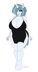 Size: 2200x4200 | Tagged: suggestive, artist:tertonda, derpibooru import, oc, oc:freyja, unofficial characters only, anthro, changedling, changeling, unguligrade anthro, anthro oc, big breasts, black dress, breasts, busty changedling, changedling oc, changeling oc, clothes, commission, digital art, dress, eyeshadow, fangs, female, gift art, huge breasts, ice changeling, image, makeup, png, simple background, smiling, solo, solo female, transparent background