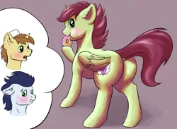 Size: 1966x1442 | Tagged: safe, artist:shaliwolf, author:bigonionbean, derpibooru import, donut joe, soarin', oc, oc:quick coffee, pegasus, pony, unicorn, blushing, butt, commissioner:bigonionbean, cutie mark, dessert, dock, donut, eating, embarrassed, flank, food, fusion, fusion:quick coffee, hat, image, large butt, male, not an alicorn, plot, png, stallion, thought bubble, wonderbolts