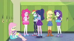 Size: 3410x1920 | Tagged: safe, derpibooru import, screencap, applejack, fluttershy, pinkie pie, rainbow dash, rarity, sci-twi, spike, spike the regular dog, twilight sparkle, dog, equestria girls, equestria girls series, forgotten friendship, applejack's hat, boots, clothes, cowboy boots, cowboy hat, crossed arms, cutie mark, cutie mark on clothes, denim skirt, eyes closed, female, football, geode of sugar bombs, geode of super speed, geode of super strength, hairpin, hat, high heels, high res, hoodie, humane five, humane six, image, jewelry, jpeg, lockers, magical geodes, necklace, rarity peplum dress, sandals, shoes, skirt, smiling, sneakers, sports, tanktop
