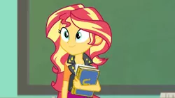 Size: 3410x1920 | Tagged: safe, derpibooru import, screencap, sunset shimmer, equestria girls, equestria girls series, forgotten friendship, chalkboard, clothes, female, high res, image, jacket, jewelry, jpeg, leather, leather jacket, necklace, smiling, solo, yearbook