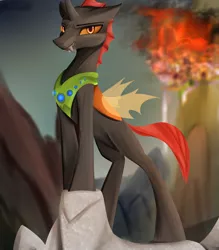 Size: 1750x2000 | Tagged: safe, artist:nixworld, derpibooru import, oc, oc:phasmatodea, changeling, fanfic, fanfic:changing expectations, canterlot, changeling oc, fanfic art, fanfic cover, fire, grin, image, jpeg, peytral, smiling