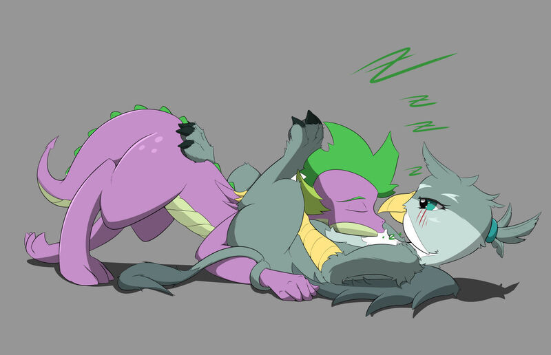 Size: 1280x825 | Tagged: safe, artist:techgear, derpibooru import, gabby, spike, dragon, gryphon, adult, adult spike, blushing, cuddling, cute, feather, female, gabbybetes, image, jpeg, lying down, male, older, older spike, on back, paws, shipping, sleeping, snoring, spabby, straight, tail, tail wrap, underpaw