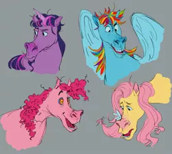 Size: 1917x1715 | Tagged: safe, artist:banjo_bugs, derpibooru import, fluttershy, pinkie pie, rainbow dash, twilight sparkle, butterfly, earth pony, insect, pegasus, pony, unicorn, butterfly on nose, gray background, hoers, image, insect on nose, jpeg, simple background, tumblr nose, unicorn twilight