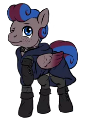 Size: 350x500 | Tagged: safe, artist:multiverseequine, derpibooru import, oc, oc:clouded sight, unofficial characters only, pegasus, pony, :t, blue eyes, choker, clothes, colored, daybreak island, derpibooru exclusive, folded wings, freckles, hood, hoof boots, image, leggings, male, one eye closed, pegasus oc, png, raised hoof, robe, simple background, smiling, solo, stallion, swirly mane, tail, transparent background, two toned mane, two toned wings, wings, wink