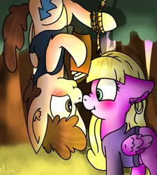 Size: 1800x2000 | Tagged: safe, artist:millefaller, derpibooru import, ponified, pegasus, pony, clothes, dipper pines, ear piercing, earring, female, forest, gravity falls, hoof hold, image, jewelry, jpeg, looking at each other, male, mare, outdoors, pacifica northwest, piercing, rope, smiling, stallion, straight, tree, wings