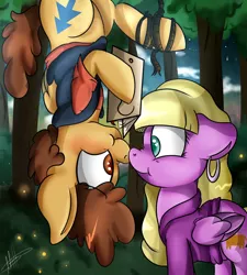 Size: 1800x2000 | Tagged: safe, artist:millefaller, derpibooru import, ponified, pegasus, pony, clothes, dipper pines, ear piercing, earring, female, forest, gravity falls, hoof hold, image, jewelry, jpeg, looking at each other, male, mare, outdoors, pacifica northwest, piercing, rope, smiling, stallion, straight, tree, wings