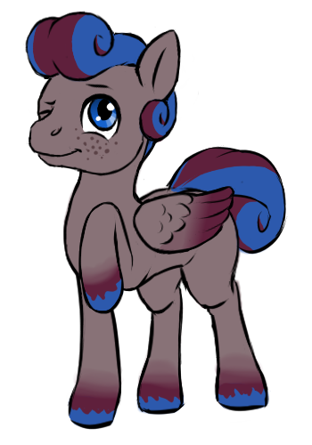 Size: 350x500 | Tagged: safe, alternate version, artist:multiverseequine, derpibooru import, oc, oc:clouded sight, unofficial characters only, pegasus, pony, :t, blue eyes, colored, colored hooves, daybreak island, derpibooru exclusive, folded wings, freckles, image, male, one eye closed, pegasus oc, png, raised hoof, simple background, smiling, solo, stallion, swirly mane, tail, transparent background, two toned mane, two toned wings, wings, wink