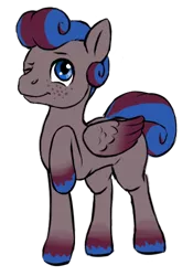 Size: 350x500 | Tagged: safe, alternate version, artist:multiverseequine, derpibooru import, oc, oc:clouded sight, unofficial characters only, pegasus, pony, :t, blue eyes, colored, colored hooves, daybreak island, derpibooru exclusive, folded wings, freckles, image, male, one eye closed, pegasus oc, png, raised hoof, simple background, smiling, solo, stallion, swirly mane, tail, transparent background, two toned mane, two toned wings, wings, wink
