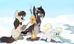 Size: 2996x1798 | Tagged: safe, artist:rocket-lawnchair, derpibooru import, oc, oc:frosty flakes, unofficial characters only, fish, pony, taiga pony, campfire, coat markings, female, fire, food, hoof hold, image, mare, meat, mouth hold, png, ponies eating meat, snow, solo, trio