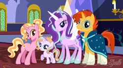 Size: 4360x2408 | Tagged: safe, artist:elisabetstarsparkle, derpibooru import, luster dawn, starlight glimmer, sunburst, oc, oc:sunlight glimmer, alicorn, pony, unicorn, alicornified, base used, family, female, filly, image, male, offspring, parent:starlight glimmer, parent:sunburst, parents:starburst, png, race swap, shipping, starburst, starlicorn, straight, twilight's castle, xk-class end-of-the-world scenario