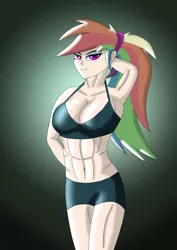 Size: 2480x3508 | Tagged: suggestive, artist:anthrodegenerate, derpibooru import, mean rainbow dash, human, the mean 6, abs, arm behind back, arm behind head, bedroom eyes, belly button, big breasts, breasts, cleavage, clone, clothes, female, high res, humanized, image, jpeg, looking at you, shorts, smiling, solo, solo female, sports bra, sports outfit, sports shorts