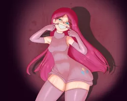 Size: 1280x1022 | Tagged: safe, artist:inky_mitts, derpibooru import, pinkie pie, human, alternate hairstyle, clothes, evening gloves, female, gloves, grin, humanized, image, jpeg, long gloves, pinkamena diane pie, sleeveless, sleeveless sweater, smiling, socks, solo, stockings, sweater, thigh highs