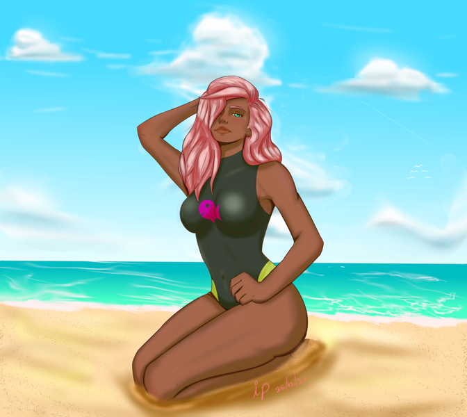 Size: 1065x951 | Tagged: safe, alternate version, artist:inky_mitts, derpibooru import, fluttershy, human, alternate hairstyle, barefoot, beach, blackwashing, breasts, busty fluttershy, clothes, dark skin, feet, hair over one eye, humanized, image, nigger, ocean, png, sand, solo, swimsuit, water