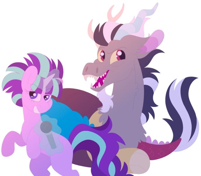 Size: 1280x1120 | Tagged: safe, artist:lepoppeta, derpibooru import, discord, starlight glimmer, draconequus, pony, unicorn, alternate hairstyle, beard, duo, facial hair, fangs, female, image, magic, male, mane, microphone, png, reflection, s5 starlight, shipping, simple background, singing, smiling, smirk, starcord, straight, transparent background, white hair