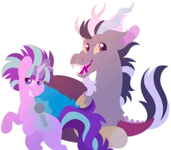 Size: 1280x1120 | Tagged: safe, artist:lepoppeta, derpibooru import, discord, starlight glimmer, draconequus, pony, unicorn, alternate hairstyle, beard, duo, facial hair, fangs, female, image, magic, male, mane, microphone, png, reflection, s5 starlight, shipping, simple background, singing, smiling, smirk, starcord, straight, transparent background, white hair