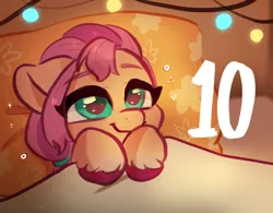 Size: 1640x1277 | Tagged: safe, artist:colorfulcolor233, derpibooru import, sunny starscout, earth pony, pony, 10, bed, bust, countdown, cute, female, g5, image, jpeg, pillow, portrait, smiling, solo, string lights, sunnybetes