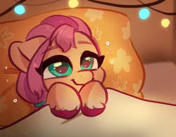 Size: 1640x1277 | Tagged: safe, alternate version, artist:colorfulcolor233, derpibooru import, sunny starscout, earth pony, pony, bed, bust, cute, female, g5, image, jpeg, pillow, portrait, smiling, solo, string lights, sunnybetes