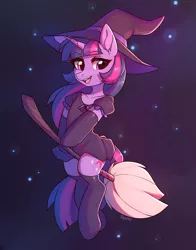 Size: 2348x3000 | Tagged: safe, anonymous editor, artist:fensu-san, edit, unauthorized edit, twilight sparkle, pony, unicorn, broom, clothes, cutie mark, dress, ear fluff, evening gloves, featured image, female, flying, flying broomstick, gloves, hat, image, latex, latex gloves, latex stockings, long gloves, looking to the right, mare, multicolored mane, multicolored tail, night, open smile, png, purple coat, purple eyes, sideways glance, smiling, socks, solo, solo female, stars, stockings, thigh highs, unicorn twilight, wingless, wingless edit, witch, witch costume, witch hat