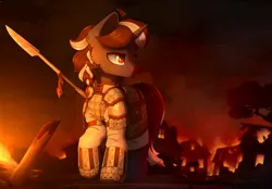 Size: 4000x2776 | Tagged: safe, artist:dipfanken, derpibooru import, oc, unofficial characters only, pony, unicorn, armor, fire, image, png, solo, spear, weapon