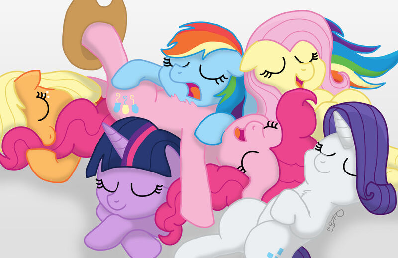 Size: 1280x831 | Tagged: safe, artist:pony-thunder, derpibooru import, applejack, fluttershy, pinkie pie, rainbow dash, rarity, twilight sparkle, applejack's hat, chest fluff, cowboy hat, cuddling, cute, dashabetes, diapinkes, hat, image, jackabetes, jpeg, pile, raribetes, shyabetes, sleeping, tongue out, twiabetes