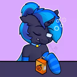 Size: 700x700 | Tagged: safe, artist:naivzombie, derpibooru import, oc, oc:♪, changeling, blue changeling, blue mane, clothes, collar, drunk, image, jpeg, juice, one eye closed, orange juice, simple background, sleepy, socks, solo, striped socks