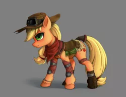 Size: 2600x2020 | Tagged: safe, artist:zetamad, derpibooru import, applejack, earth pony, pony, clothes, ear fluff, freckles, gray background, green eyes, high res, hoof fluff, image, jpeg, leg fluff, saddle, shadow, simple background, solo, standing, tack, unshorn fetlocks