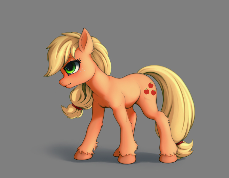 Size: 2600x2020 | Tagged: safe, alternate version, artist:zetamad, derpibooru import, applejack, earth pony, pony, ear fluff, female, freckles, gray background, green eyes, hatless, high res, hoof fluff, image, jpeg, leg fluff, mare, missing accessory, shadow, simple background, solo, standing, unshorn fetlocks