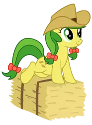 Size: 5603x7592 | Tagged: safe, artist:three uncle, derpibooru import, edit, apple fritter, earth pony, pony, absurd resolution, apple family member, bow, cowboy hat, cute, female, green eyes, grin, hair bow, hat, hay bale, image, mare, png, pose, simple background, smiling, tail bow, transparent background